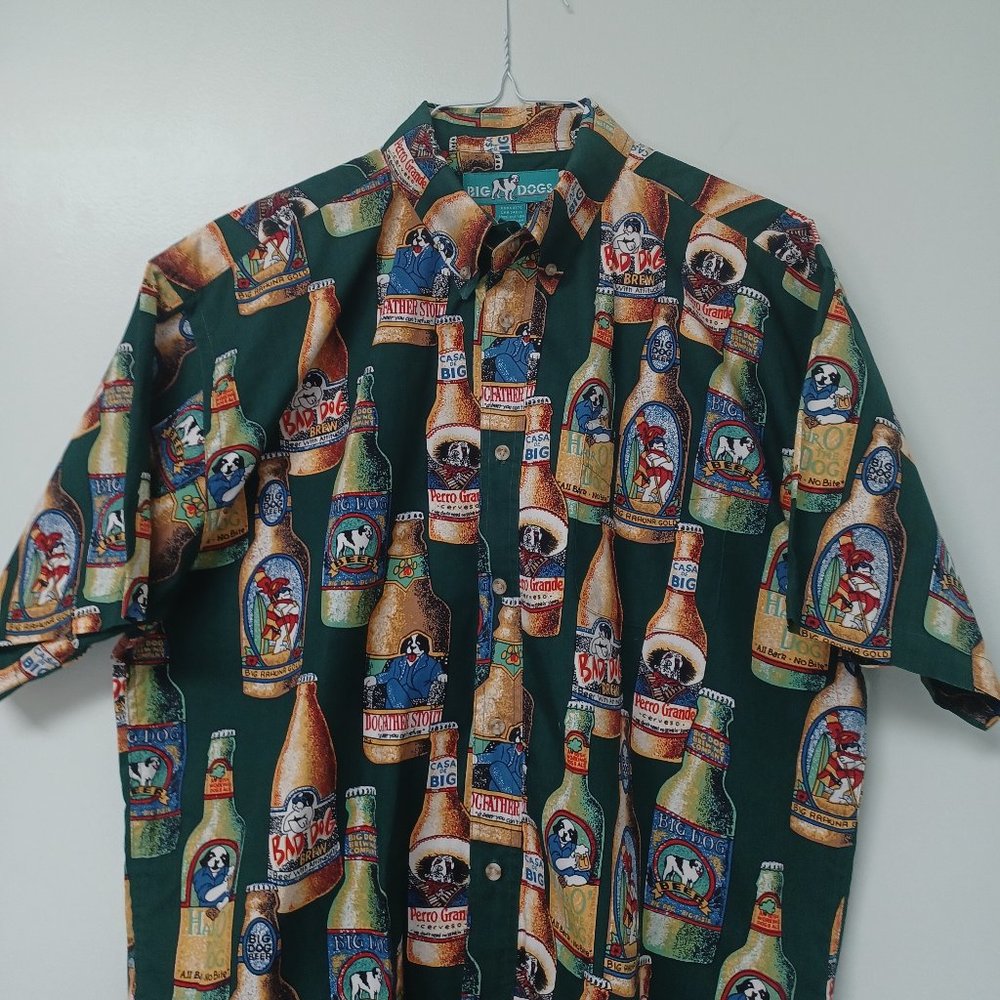 SOLD!--Big Dogs Vintage Hawaiian Shirt, Beer Bottles, Short Sleeve, Green, Large - Picture 1 of 6